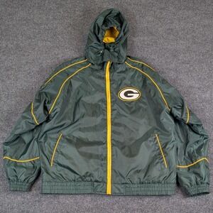 NFL Green Bay Packers Windbreaker Jacket Green Full Zip Hooded Fleece Lined L/XL